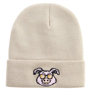 Pig Head Embroidered 12 Inch Long Knitted Beanie - Birch OSFM