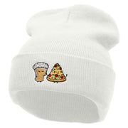 Beer And Pizza Embroidered 12 Inch Long Knitted Beanie - White OSFM