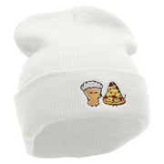 Beer And Pizza Embroidered 12 Inch Long Knitted Beanie - White OSFM