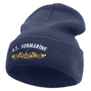 Made in USA Golden US Submarine Logo 12 Inch Solid Knit Cuff Long Beanie - Navy OSFM