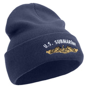 Made in USA Golden US Submarine Logo 12 Inch Solid Knit Cuff Long Beanie - Navy OSFM