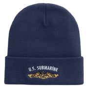 Made in USA Golden US Submarine Logo 12 Inch Solid Knit Cuff Long Beanie - Navy OSFM