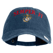 US Marine Semper Fidelis Design Embroidered Washed Solid Pigment Dyed Cotton Twill Brass Buckle Cap - Navy OSFM