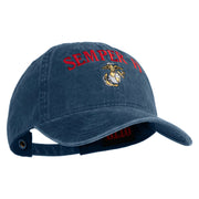 US Marine Semper Fidelis Design Embroidered Washed Solid Pigment Dyed Cotton Twill Brass Buckle Cap - Navy OSFM