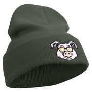 Pig Head Embroidered 12 Inch Long Knitted Beanie - Dk-Grey OSFM