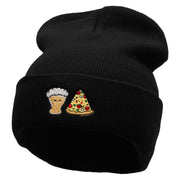 Beer And Pizza Embroidered 12 Inch Long Knitted Beanie - Black OSFM