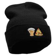 Beer And Pizza Embroidered 12 Inch Long Knitted Beanie - Black OSFM