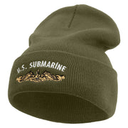 Made in USA Golden US Submarine Logo 12 Inch Solid Knit Cuff Long Beanie - Olive OSFM