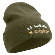 Made in USA Golden US Submarine Logo 12 Inch Solid Knit Cuff Long Beanie - Olive OSFM