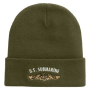 Made in USA Golden US Submarine Logo 12 Inch Solid Knit Cuff Long Beanie - Olive OSFM