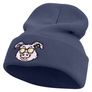 Pig Head Embroidered 12 Inch Long Knitted Beanie - Navy OSFM