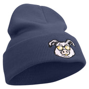 Pig Head Embroidered 12 Inch Long Knitted Beanie - Navy OSFM