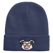 Pig Head Embroidered 12 Inch Long Knitted Beanie - Navy OSFM