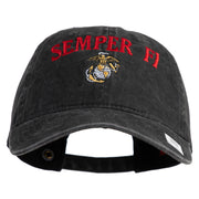 US Marine Semper Fidelis Design Embroidered Washed Solid Pigment Dyed Cotton Twill Brass Buckle Cap - Black OSFM