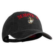 US Marine Semper Fidelis Design Embroidered Washed Solid Pigment Dyed Cotton Twill Brass Buckle Cap - Black OSFM