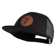 Number 7 Faux Leather Patched Flat Bill Trucker Cap - Black OSFM