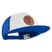 Number 7 Faux Leather Patched Flat Bill Trucker Cap - White Royal OSFM