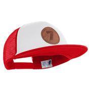 Number 7 Faux Leather Patched Flat Bill Trucker Cap - White Red OSFM