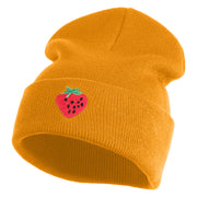 Large Strawberry Applique Iron on Patch Patched 12 Inch Long Knitted Beanie - Camel OSFM