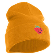Large Strawberry Applique Iron on Patch Patched 12 Inch Long Knitted Beanie - Camel OSFM