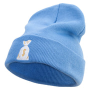 Sheriff Money Bag Logo Embroidered 12 Inch Long Knitted Beanie - Sky-Blue OSFM