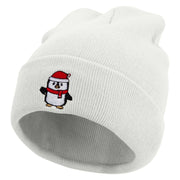 Cute Christmas Penguin Embroidered 12 Inch Long Knitted Beanie - White OSFM