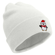 Cute Christmas Penguin Embroidered 12 Inch Long Knitted Beanie - White OSFM