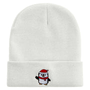 Cute Christmas Penguin Embroidered 12 Inch Long Knitted Beanie - White OSFM