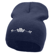 Rose with Leaves Embroidered 8 Inch Short Beanie - Navy OSFM