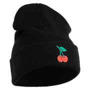 Double Cherries Fruit Iron on Patched 12 Inch Long Knitted Beanie - Black OSFM