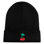 Double Cherries Fruit Iron on Patched 12 Inch Long Knitted Beanie - Black OSFM