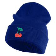 Double Cherries Fruit Iron on Patched 12 Inch Long Knitted Beanie - Royal OSFM