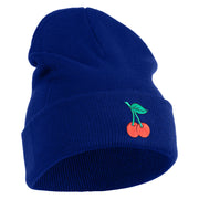 Double Cherries Fruit Iron on Patched 12 Inch Long Knitted Beanie - Royal OSFM