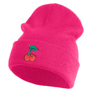 Double Cherries Fruit Iron on Patched 12 Inch Long Knitted Beanie - Magenta OSFM