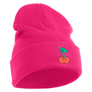 Double Cherries Fruit Iron on Patched 12 Inch Long Knitted Beanie - Magenta OSFM