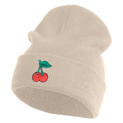 Double Cherries Fruit Iron on Patched 12 Inch Long Knitted Beanie - Birch OSFM
