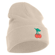 Double Cherries Fruit Iron on Patched 12 Inch Long Knitted Beanie - Birch OSFM