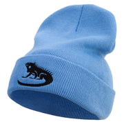 Iguana Embroidered 12 Inch Long Knitted Beanie - Sky-Blue OSFM