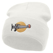 Plane Flight Embroidered 12 Inch Long Knitted Beanie - White OSFM