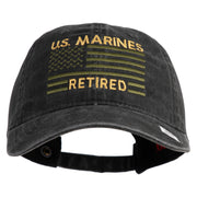 US Marines Retired Flag Design Embroidered Washed Solid Pigment Dyed Cotton Twill Brass Buckle Cap - Black OSFM