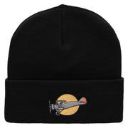 Plane Flight Embroidered 12 Inch Long Knitted Beanie - Black OSFM