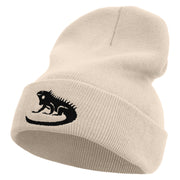 Iguana Embroidered 12 Inch Long Knitted Beanie - Birch OSFM