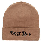 Beer Day Embroidered 12 inch Acrylic Cuffed Long Beanie - Khaki OSFM