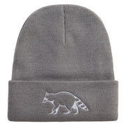 Racoon Embroidered 12 inch Acrylic Cuffed Long Beanie - Grey OSFM