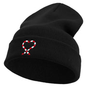 Candy Cane Embroidered 12 Inch Long Knitted Beanie - Black OSFM