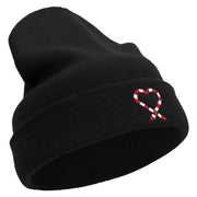 Candy Cane Embroidered 12 Inch Long Knitted Beanie - Black OSFM