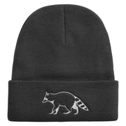 Racoon Embroidered 12 inch Acrylic Cuffed Long Beanie - Black OSFM