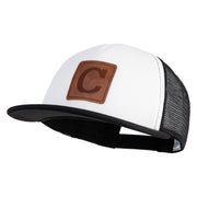 Large C Outline Faux Leather Patched Flat Bill Trucker Cap - White Black OSFM