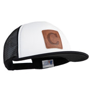 Large C Outline Faux Leather Patched Flat Bill Trucker Cap - White Black OSFM