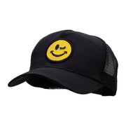 Winking Smiley Face Patched Solid Cotton Twill 5 panel Mesh Back Cap